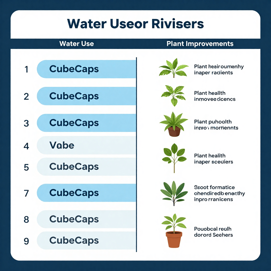 Infographic showing CubeCaps irrigation caps improving water use efficiency and plant health in commercial hydroponic growing